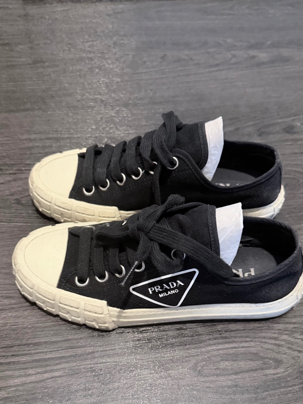 Prada Black Cotton Canvas Low-Top Sneakers with Logo
